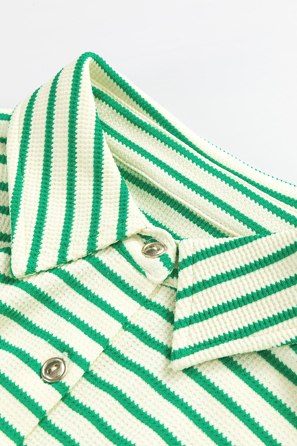 Green Stripe Textured Short Sleeve Collared Buttoned Waist Tie Romper Jumpsuits & Rompers JT's Designer Fashion
