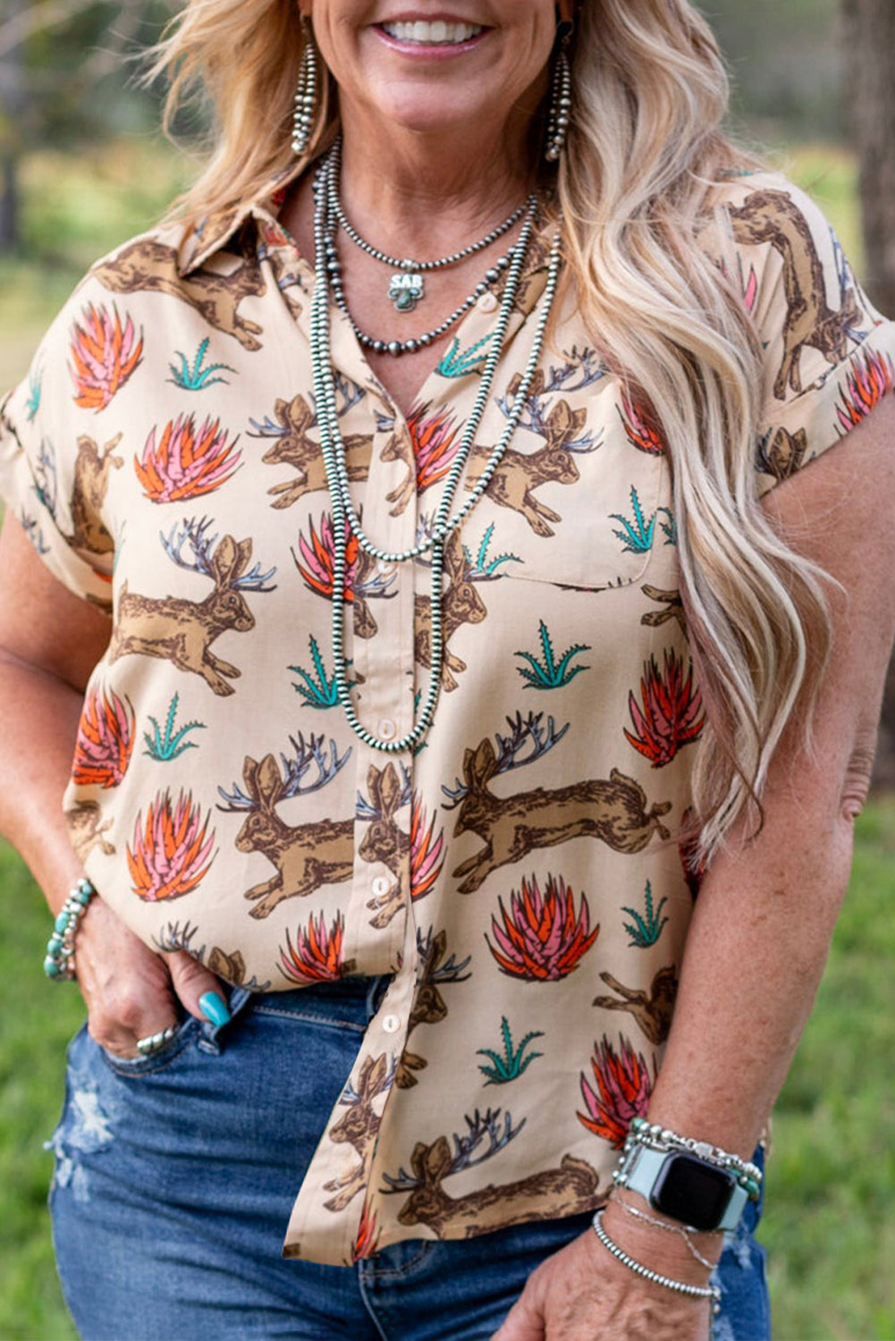 Khaki Plus Size Western Pattern Print Buttoned Short Sleeve Shirt Plus Size Blouses & Shirts JT's Designer Fashion