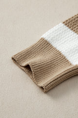 Light French Beige Colorblock Striped Drop Shoulder Side Slit Sweater Sweaters JT's Designer Fashion