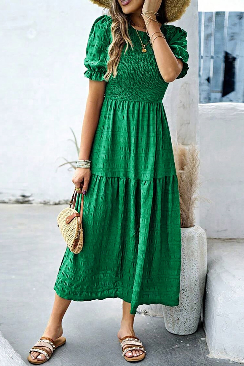 Dark Green Solid Textured Smocked Puff Short Sleeve High Waist Long Dress Dresses JT's Designer Fashion