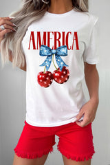 White AMERICA Bow Cherry Print Crewneck T Shirt Graphic Tees JT's Designer Fashion