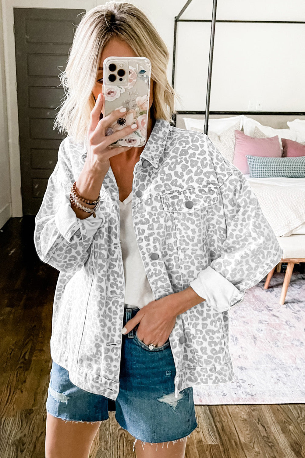 White Leopard Printed Flap Pocket Denim Jacket Denim Jackets JT's Designer Fashion