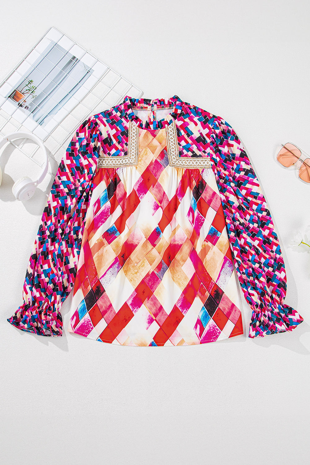 Rose Red Abstract Geometric Pattern Patchwork Puff Sleeve Blouse Blouses & Shirts JT's Designer Fashion