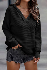 Black V Neck Ribbed Drop Shoulder Hooded Sweater Sweaters & Cardigans JT's Designer Fashion