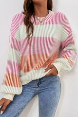 Pink Colorblock Textured Knit Bubble Sleeve Sweater Pink 60%Cotton+40%Acrylic Sweaters JT's Designer Fashion