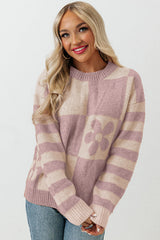 Orchid Petal Checkered Floral Print Striped Sleeve Sweater Sweaters JT's Designer Fashion