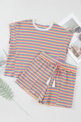 Pink Stripe Crew Neck Tee and Tasseled Drawstring Shorts Set Short Sets JT's Designer Fashion