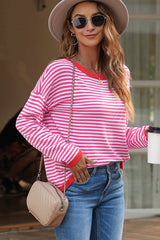 Pink Contrast Trimmed Striped Drop Shoulder Sweater Sweaters JT's Designer Fashion