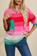 Rose Striped Knit Patch Pocket Drop Shoulder Sweater Sweaters JT's Designer Fashion