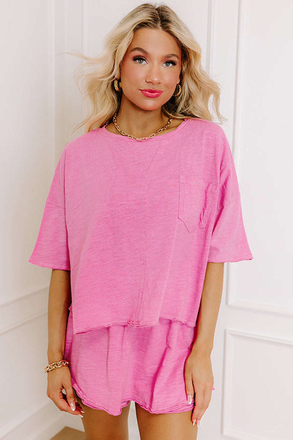 Sachet Pink Loose Fit Half Sleeve T Shirt and High Waist Skirt Set Two Piece Dresses JT's Designer Fashion