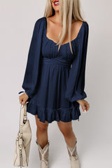 Blue White Plain Ruffled High Waist Square Neck Mini Dress Mini Dresses JT's Designer Fashion