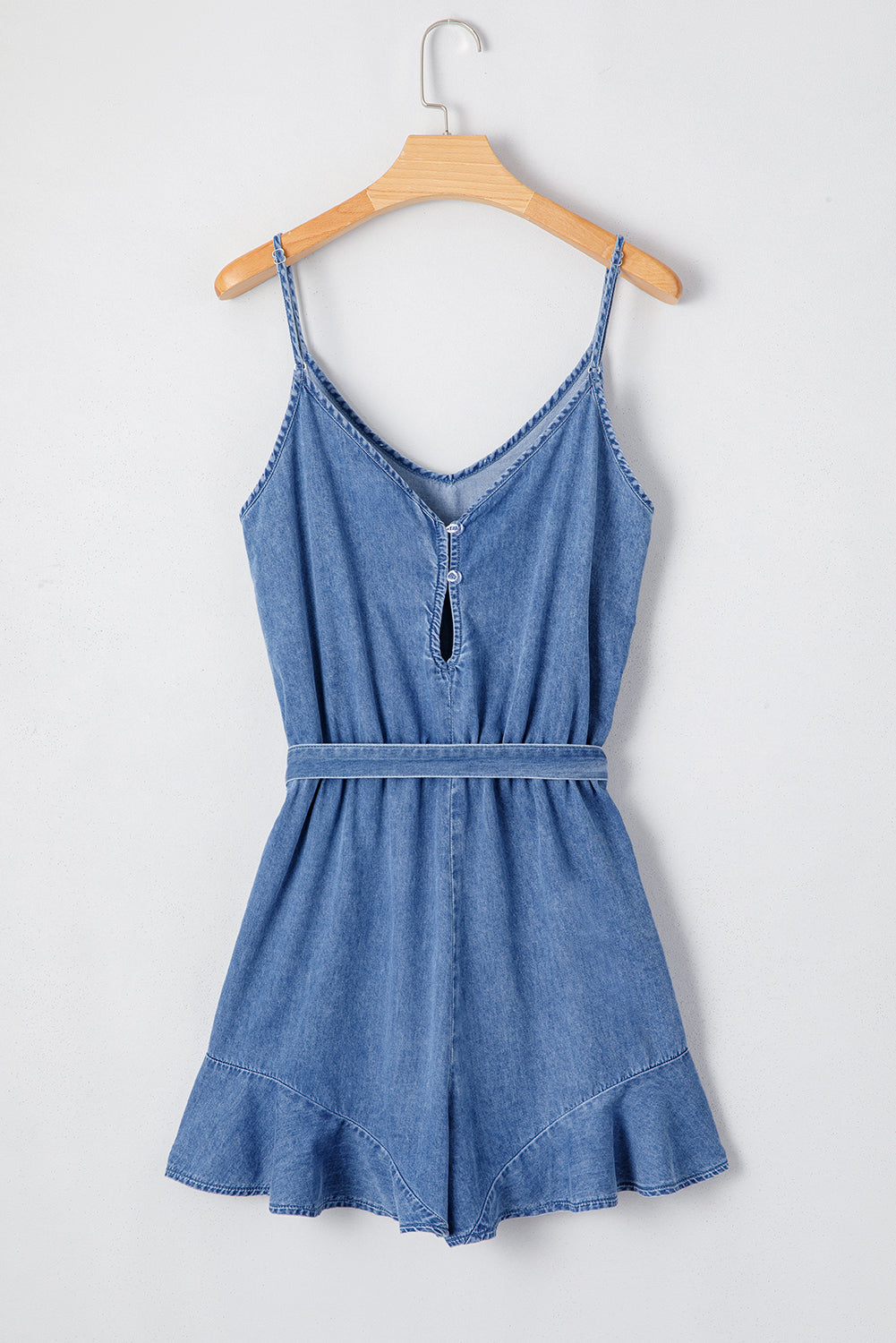 Ashleigh Blue Spaghetti Straps V Neck Belted Ruffled Leg Chambray Romper Bottoms JT's Designer Fashion