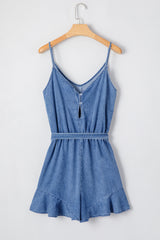 Ashleigh Blue Spaghetti Straps V Neck Belted Ruffled Leg Chambray Romper Bottoms JT's Designer Fashion