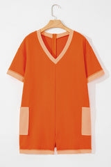 Russet Orange Two-tone Short Sleeve V Neck Patched Pocket Loose Romper Jumpsuits & Rompers JT's Designer Fashion
