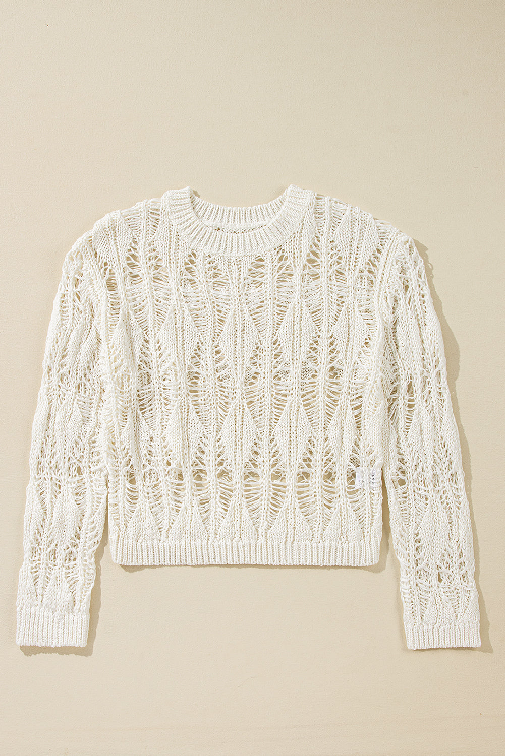 White Cut Out Crochet Crew Neck Loose Fit Sweater Sweaters JT's Designer Fashion