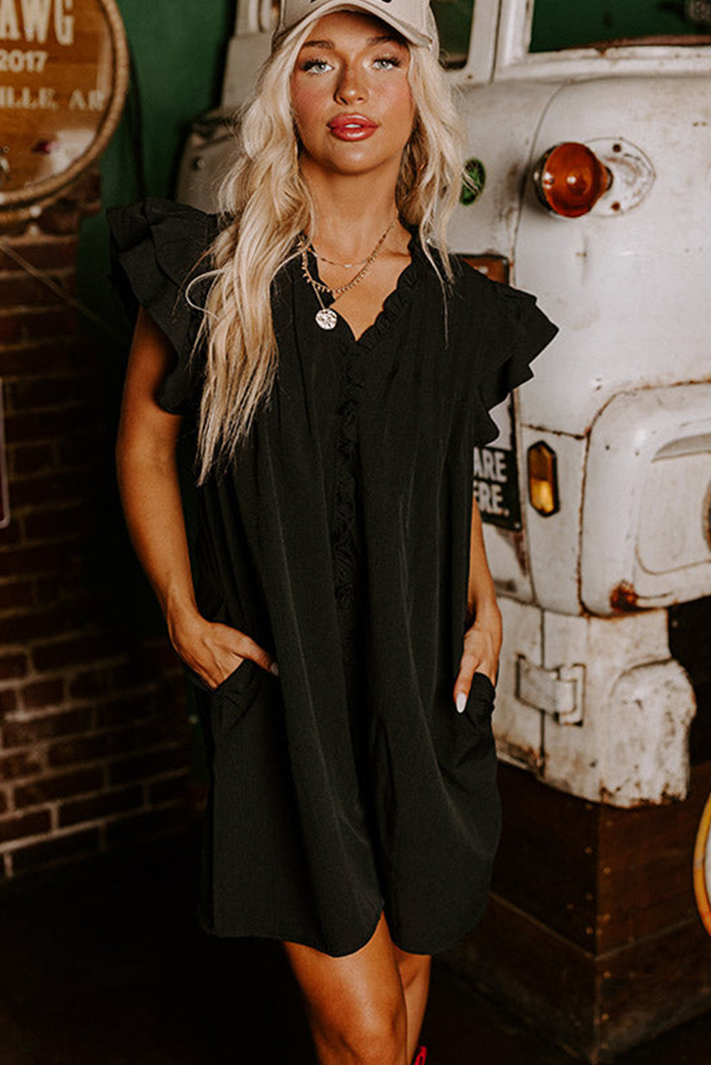 Black Frilled V Neck Pleated Ruffle Detail Short Shift Dress Mini Dresses JT's Designer Fashion