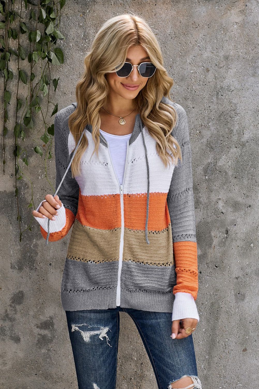 Gray Zipped Front Colorblock Hollow-out Knit Hoodie Sweatshirts & Hoodies JT's Designer Fashion