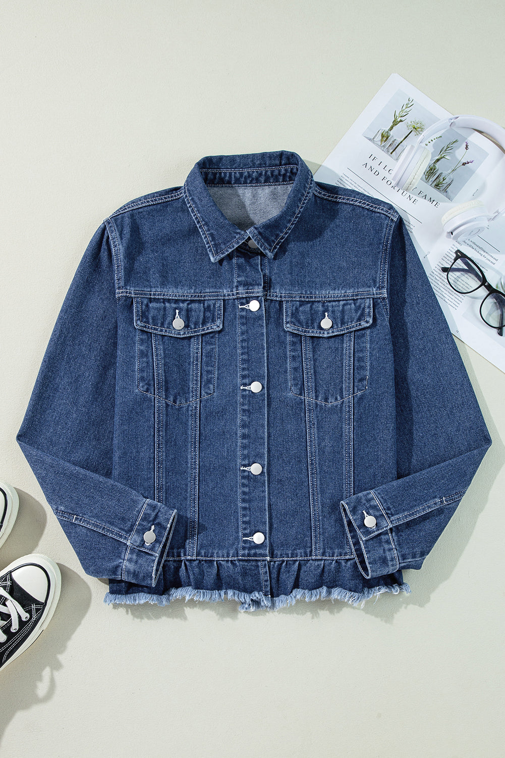 Navy Blue Ruffle Raw Hem Flap Pockets Denim Jacket Denim Jackets JT's Designer Fashion