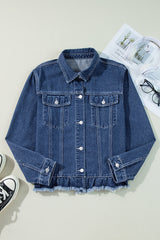 Navy Blue Ruffle Raw Hem Flap Pockets Denim Jacket Denim Jackets JT's Designer Fashion