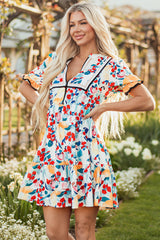 Green Floral Print Zipper Ruffled Short Sleeve High Waist Mini Dress Floral Dresses JT's Designer Fashion