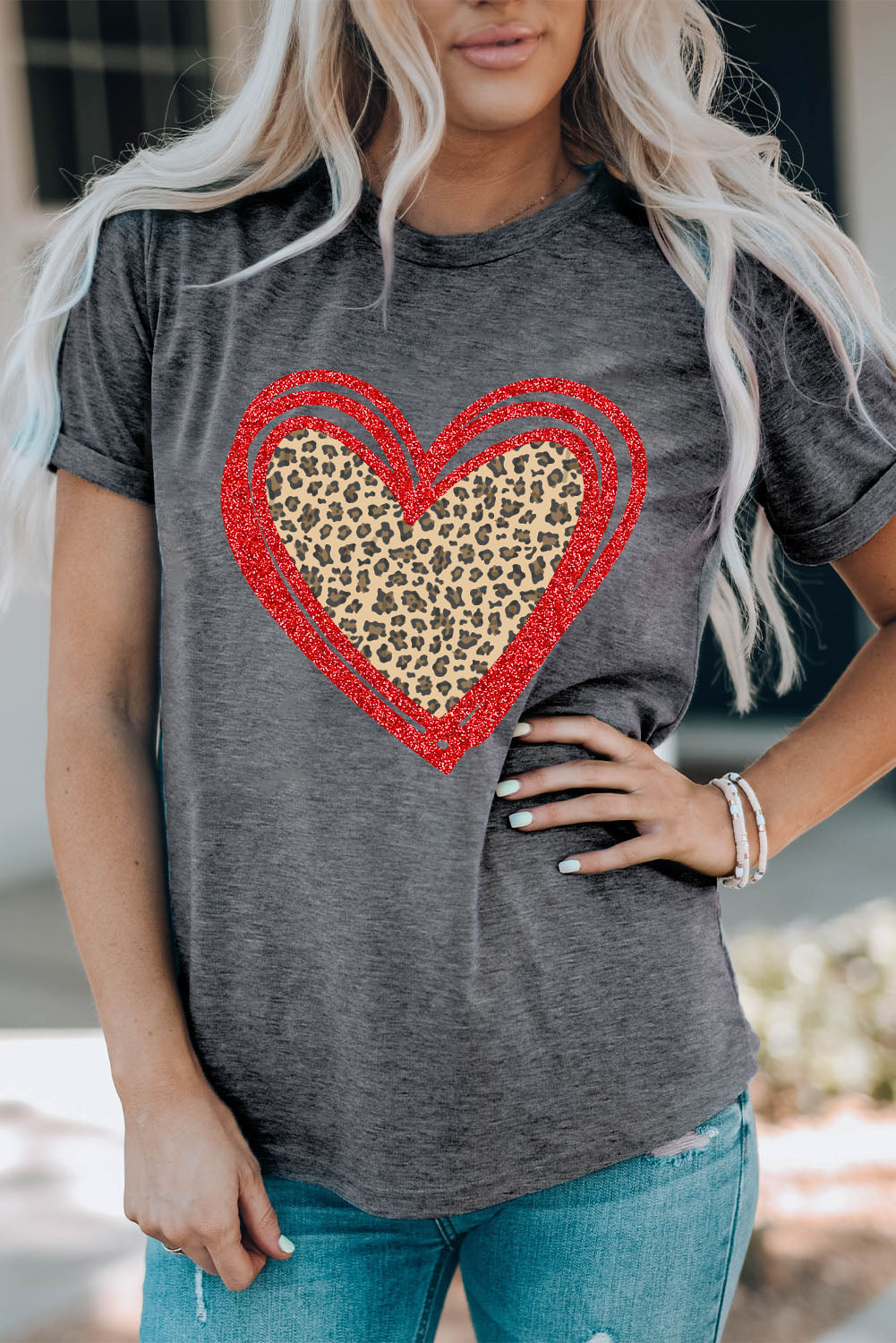 Gray Sequin Leopard Heart Graphic T-shirt Graphic Tees JT's Designer Fashion