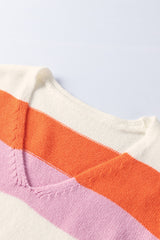Orange Stripe Colorblock V Neck Casual Sweater Sweaters JT's Designer Fashion