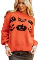 Orange Halloween Pumpkin Face Pattern Drop Shoulder Sweater Sweaters JT's Designer Fashion