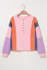 Pink Colorblock Long Sleeve Buttons Henley Top Long Sleeve Tops JT's Designer Fashion