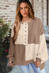 Parchment Colorblock Henley High Low Oversize Sweatshirt Sweatshirts & Hoodies JT's Designer Fashion