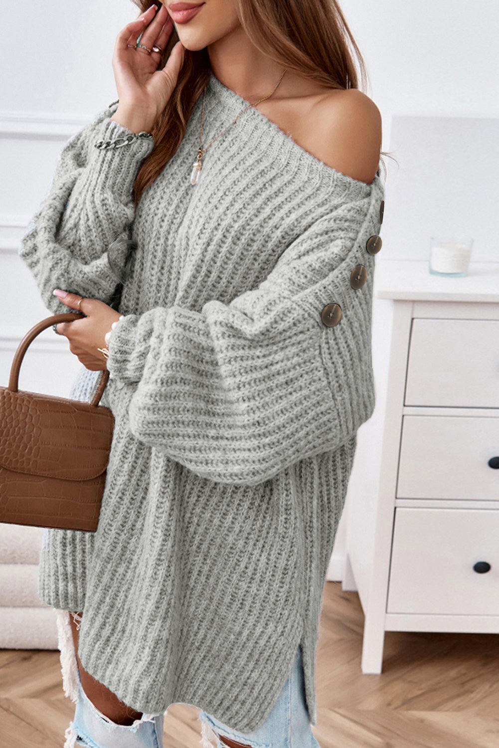 Gray Buttoned Drop Shoulder Oversized Sweater Sweaters & Cardigans JT's Designer Fashion