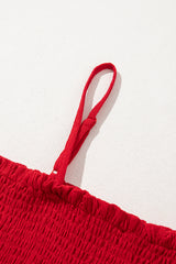 Racing Red Textured Shirred Ruffled Trim Spaghetti Strap Midi Dress Midi Dresses JT's Designer Fashion