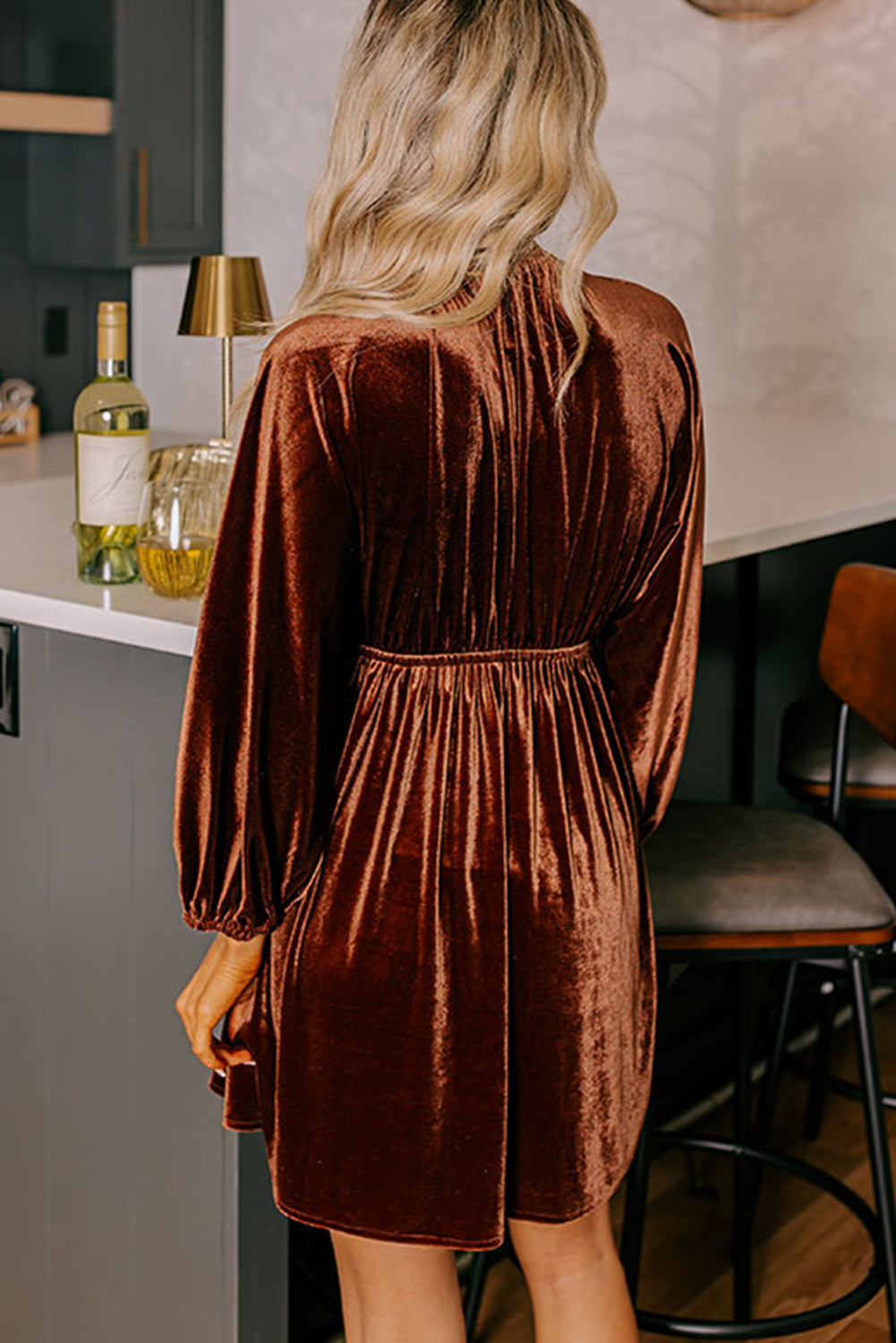 Clay Elastic V Neck Puff Sleeve Short Velvet Dress JT's Designer Fashion