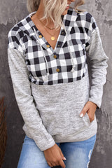 Black Plaid Splicing Pocketed Hoodie Sweatshirts & Hoodies JT's Designer Fashion