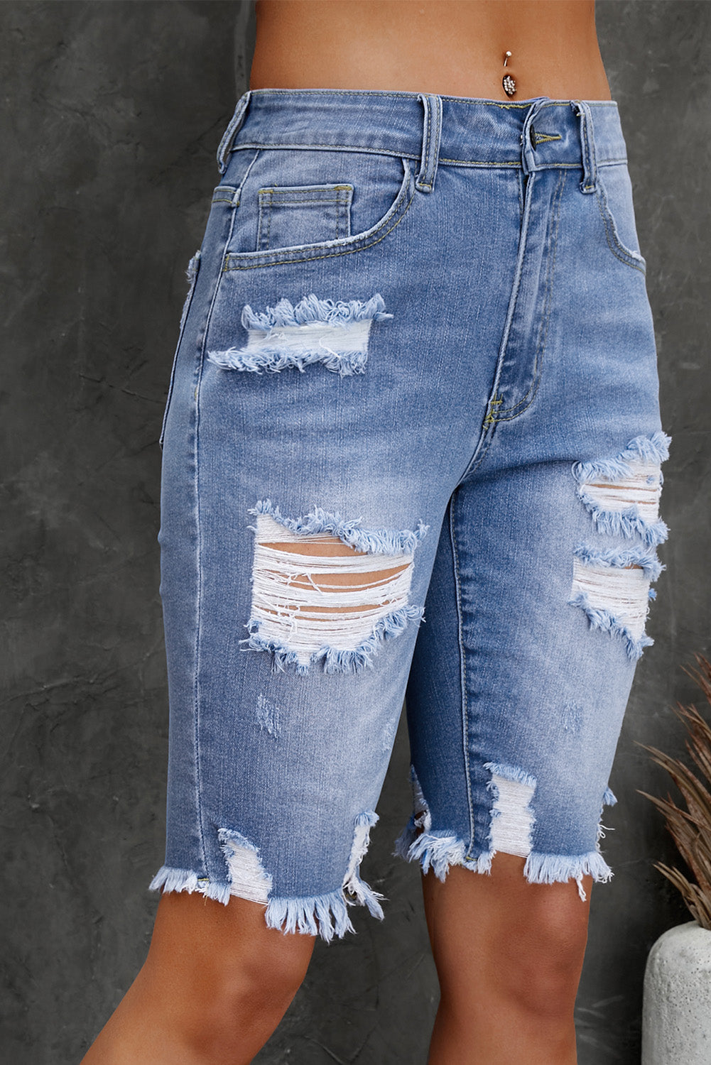Sky Blue Ripped Tassel Bermuda Denim Shorts Denim Shorts JT's Designer Fashion