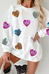 White Valentines Slogan Heart Sequin Corded Baggy Sweatshirt Graphic Sweatshirts JT's Designer Fashion