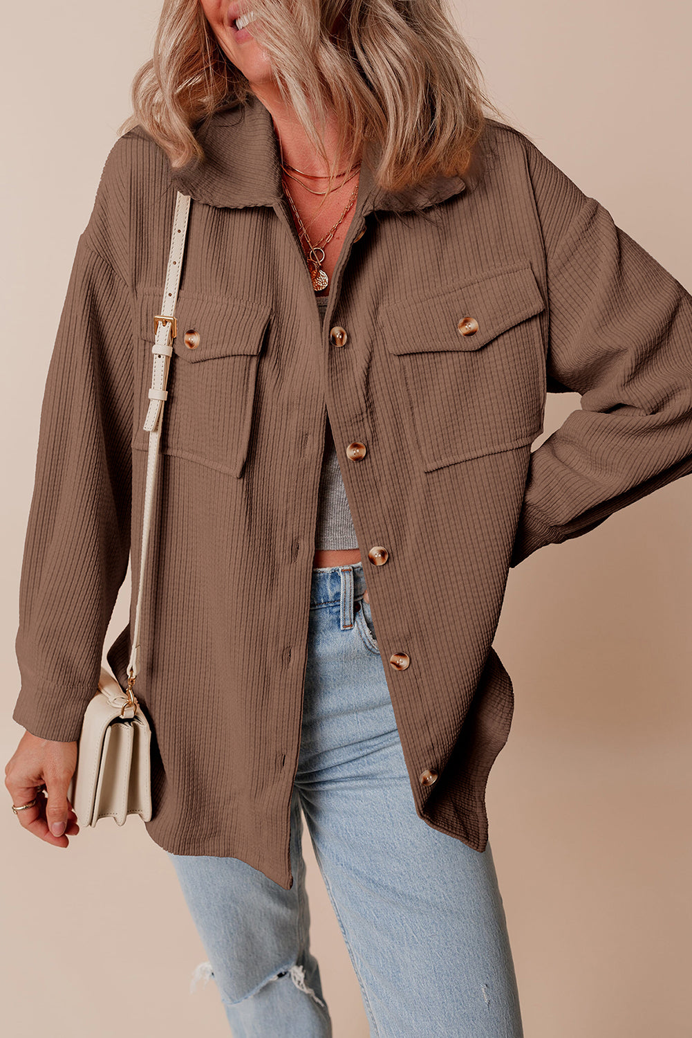 Chestnut Corduroy Flap Pocket Button Up Shacket Chestnut 75%Polyester+20%Viscose+5%Elastane Jackets JT's Designer Fashion