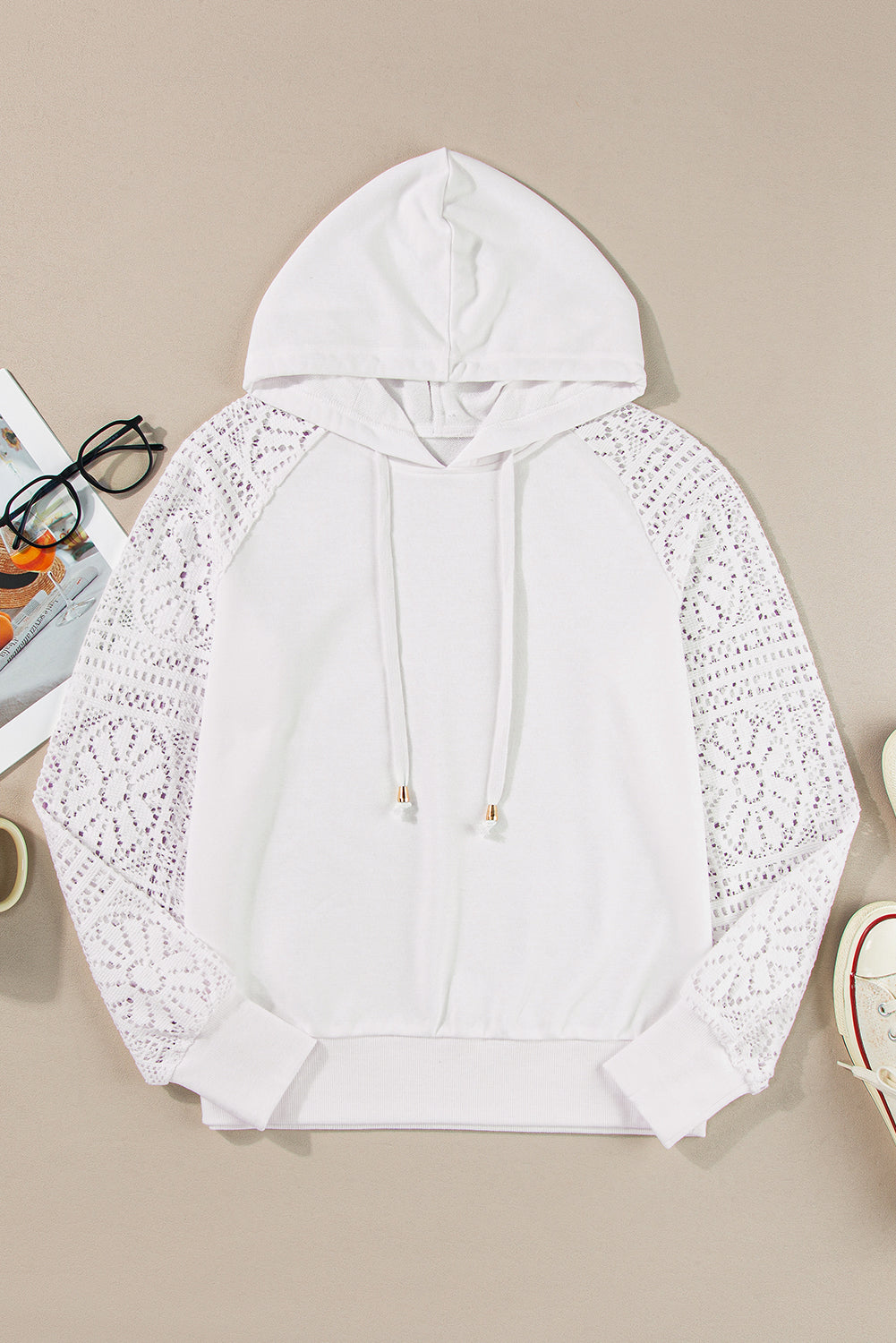 White Lace Patchwork Sleeve Drawstring Hoodie Sweatshirts & Hoodies JT's Designer Fashion