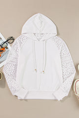 White Lace Patchwork Sleeve Drawstring Hoodie Sweatshirts & Hoodies JT's Designer Fashion