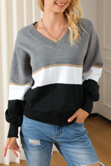 Gray Colorblock V Neck Sweater Sweaters & Cardigans JT's Designer Fashion