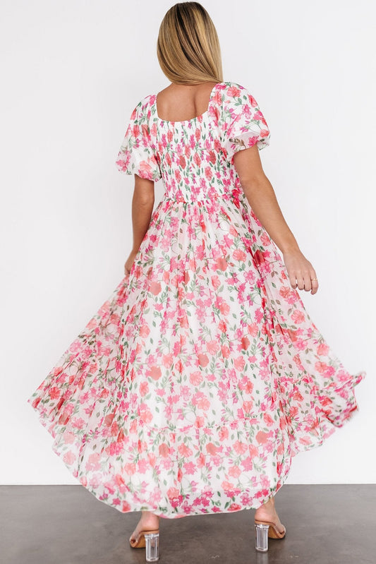Pink Plus Size Floral Square Neck Puff Sleeve Ruffle Maxi Dress Plus Size Dresses JT's Designer Fashion