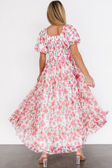 Pink Plus Size Floral Square Neck Puff Sleeve Ruffle Maxi Dress Plus Size Dresses JT's Designer Fashion