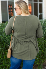 Mist Green Plus Size Thermal Knitted Babydoll Flare Top Plus Size Long Sleeve Tops JT's Designer Fashion
