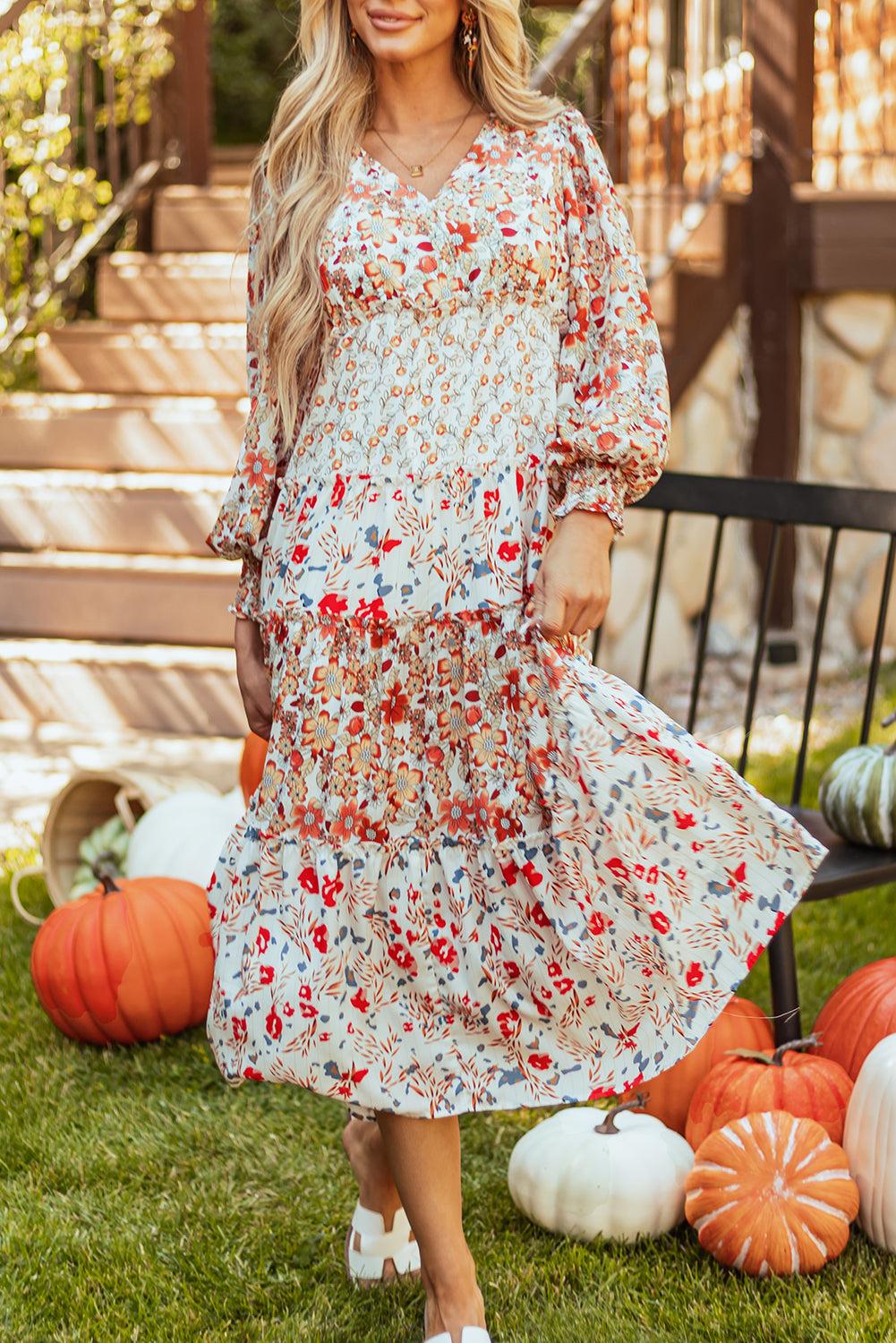 Khaki Floral Print Ruffled Tiered Long Sleeve V Neck Midi Dress Floral Dresses JT's Designer Fashion