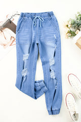 Sky Blue Pocketed Distressed Denim Joggers Jeans JT's Designer Fashion