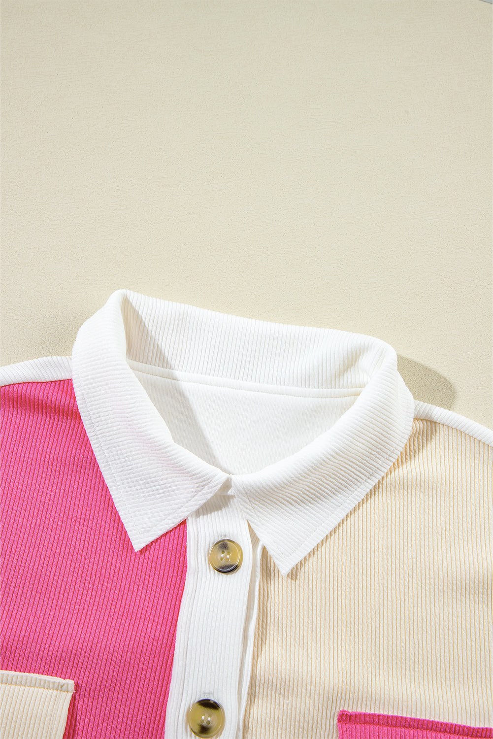 Rose Red Colorblock Ribbed Collared Oversized Sweatshirt Sweatshirts & Hoodies JT's Designer Fashion