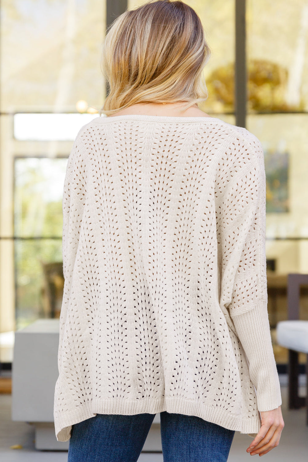 Beige Ribbed Hollow Knit Dolman Sleeve Sweater Sweaters & Cardigans JT's Designer Fashion