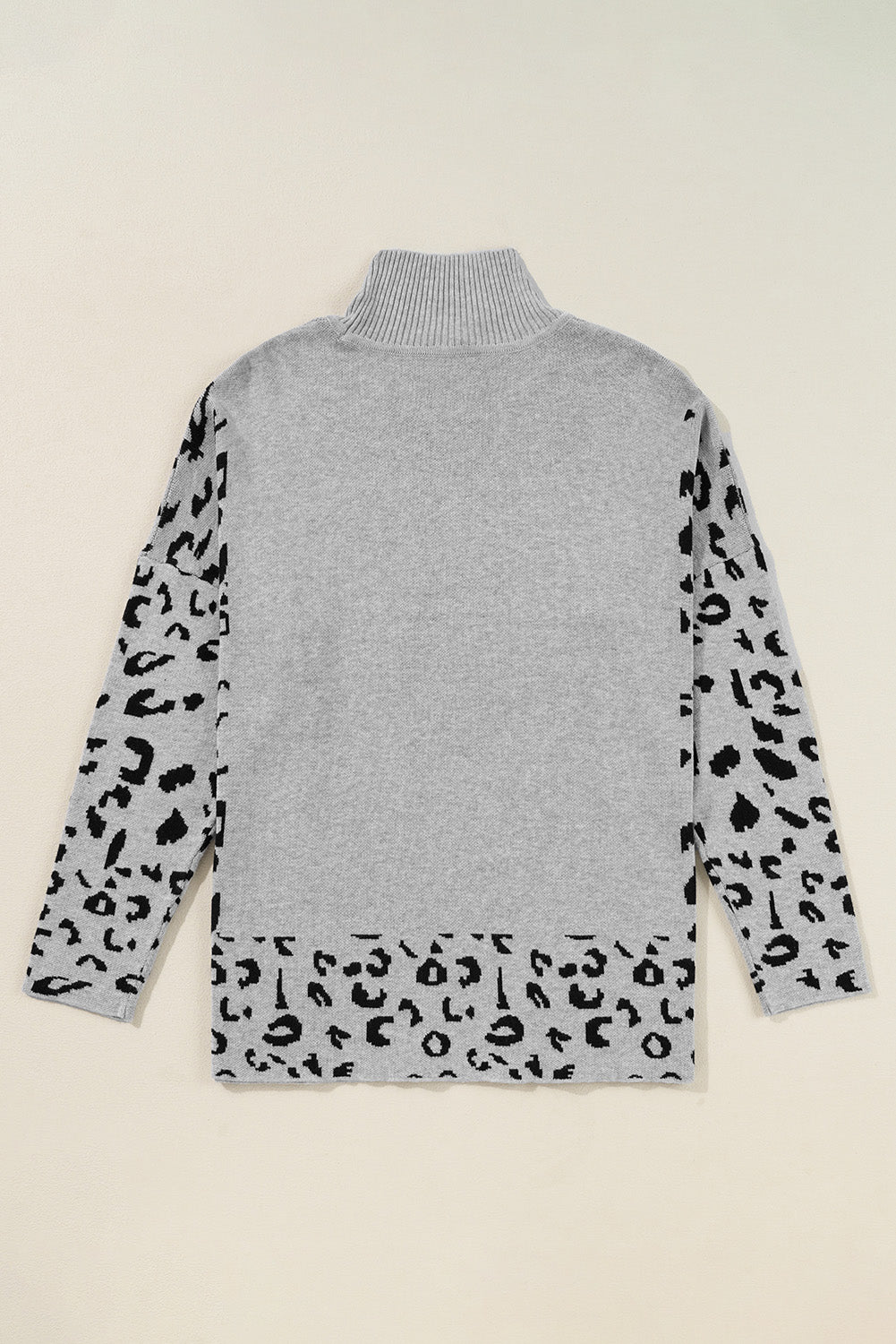 Gray Leopard High Neck Side Slit Oversized Sweater Sweaters JT's Designer Fashion