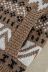 Brown Western Printed Ribbed Trim Collared Zip up Cardigan Cardigans JT's Designer Fashion