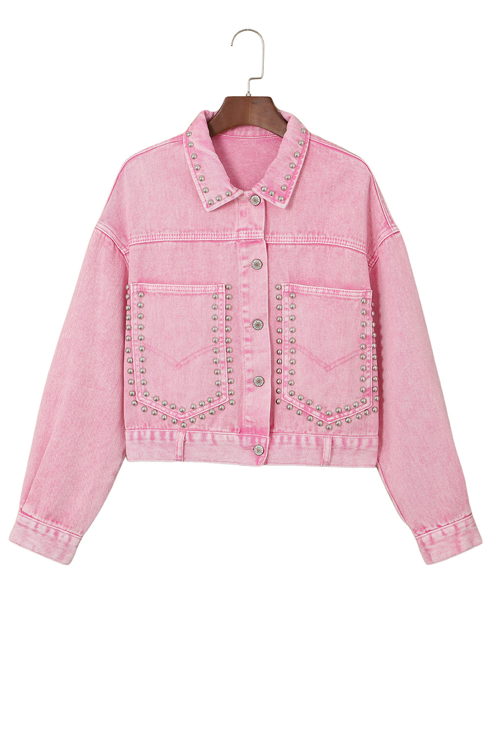 Pink Rivet Studded Pocketed Denim Jacket Denim Jackets JT's Designer Fashion
