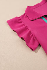 Strawberry Pink Striped Detail Flutter Sleeve Zipped Collar Short Set Short Sets JT's Designer Fashion